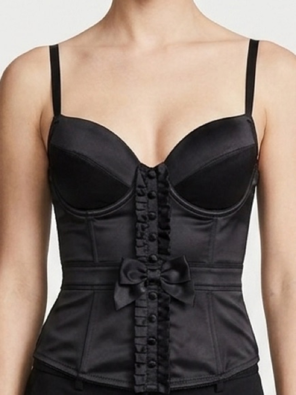 Victoria's Secret Black Satin Bustier Top with Bow, Ruffle & Button Accent 36C